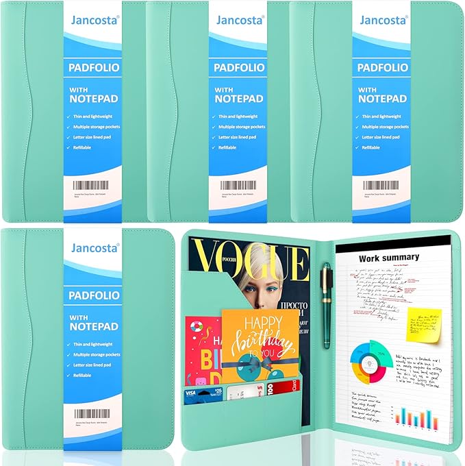 5 Pack Business Padfolio Portfolio Binder, Faux Leather Folio Folder, Resume Legal Document Organizer with Letter Size Writing Notepads (New Robin Egg Blue 5 Pack)