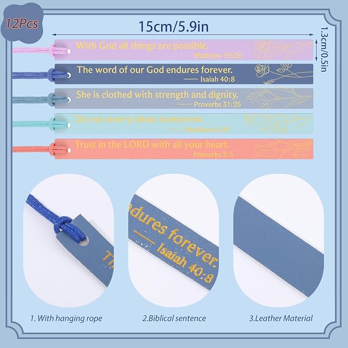 12Pcs Bible Bookmark, Christian Bookmarks for Women Leather Bookmark Gifts for Women Mom Kids Book Lovers Readers Students (Pastel)
