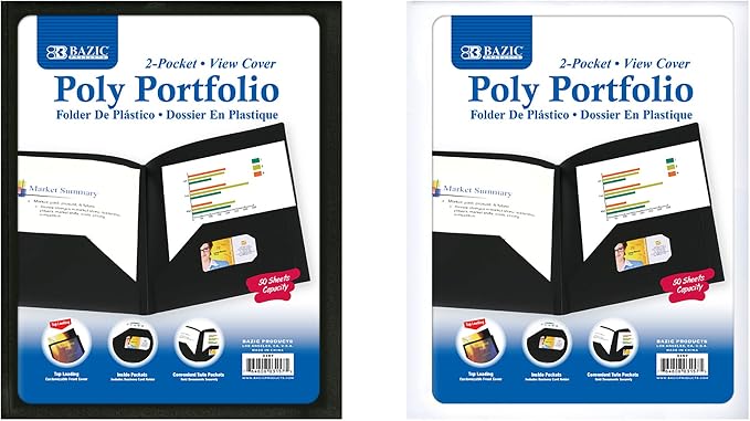 BAZIC Products 2-Pocket Poly Portfolio with View Cover, for Filing Office Home, Set of 2