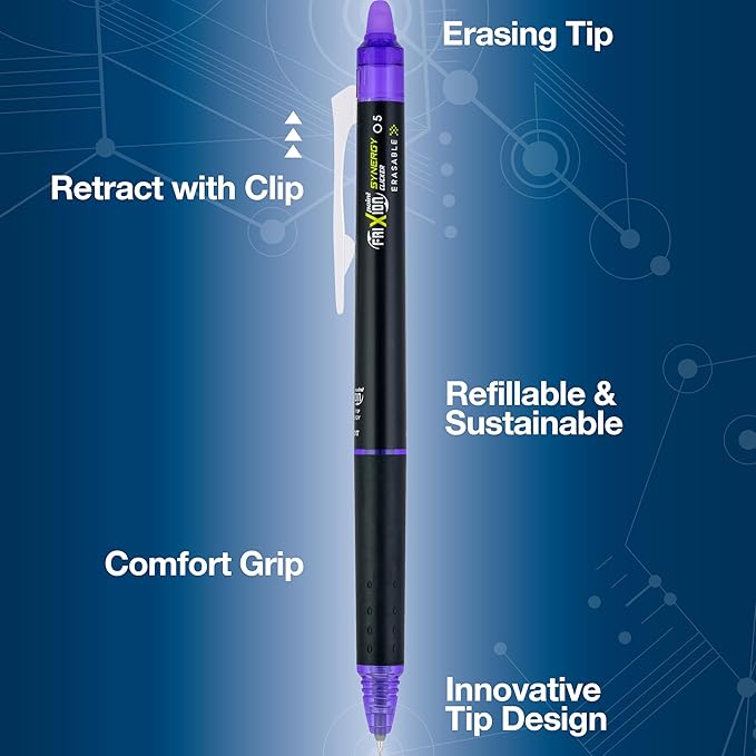 Pilot, FriXion Synergy Clicker Erasable, Refillable, Retractable Gel Ink Pens, Extra Fine Point 0.5 mm, Pack of 12, Purple Ink