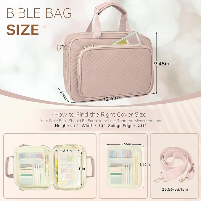 Bible Cover Case for Women Bible Study Supplies Christian Gifts for Women Church Camp Essentials Christian Bible Journaling Kit Quilted Large Bible Cover with Durable Handle (Pink, Large)