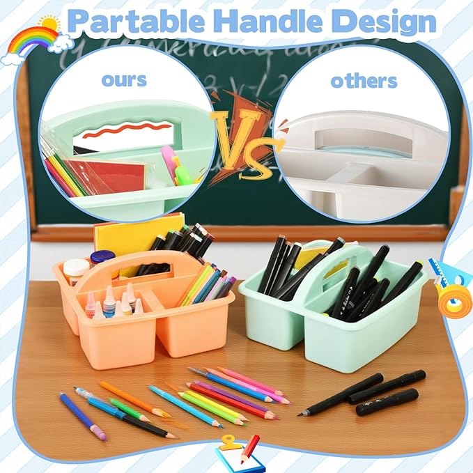 Plastic Storage Caddy Organizers, 6 Pcs Portable Teacher Classroom Supply Caddies with Handle, 3-Compartment Utility Craft Art Caddy for Kids, School Classroom and Office Organization, Boho Colors
