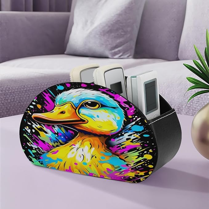 Graffiti Duck Remote Control Holder with 5 Compartment PU Leather Multi Functional Desk Storage for TV Remotes Office Supplies