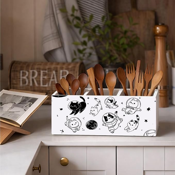 Space Cat Desk Organizer Wooden Pen Pencil Holder for Desk, 3 Compartments Office Accessories, Cute Astronaut Cat Decor, Funny Cat Lover Gifts for Women Kids Home Office Storage