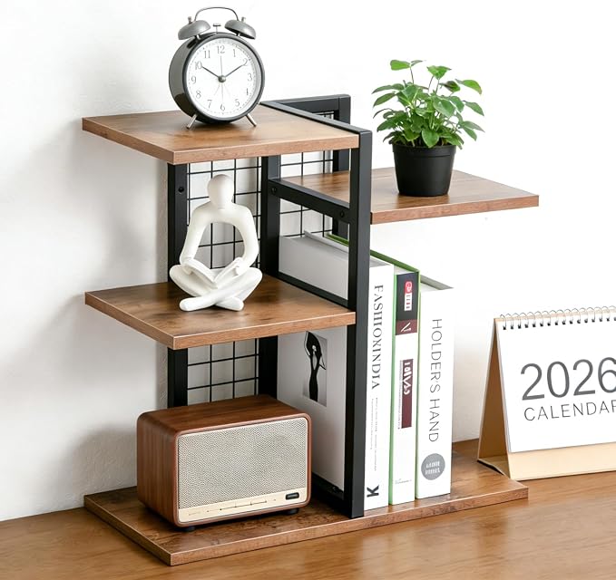 4-Tier Desktop Shelf Organizer, Desk Bookshelf with Wood Shelves and Metal Frame, Space-Saving Tabletop Storage Rack for Books, Decor and Office Supplies, for Home Office or Dorm