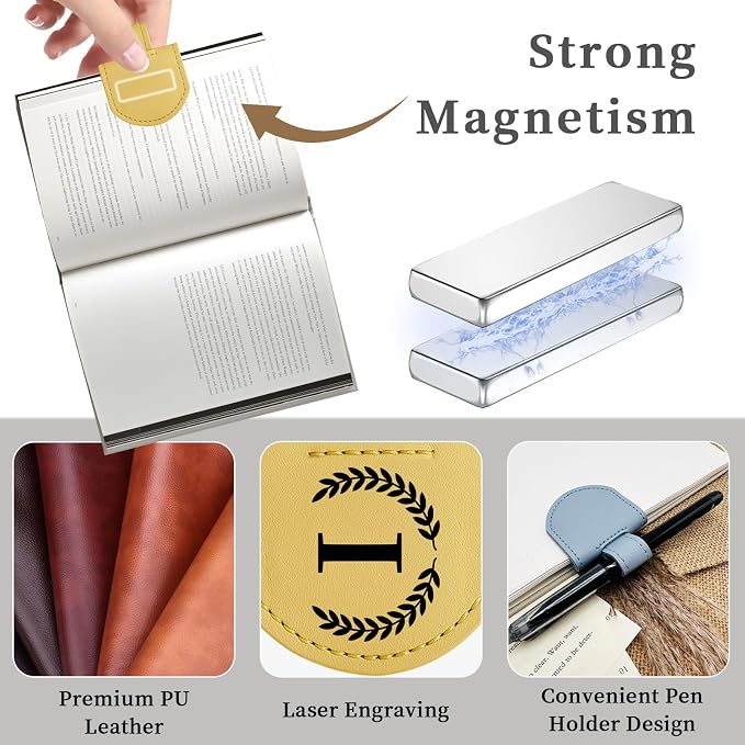 Personalized Magnetic Bookmark Pen Holder, Leather Book Marks for Reading Women& Men, Engraving 26 Letters Name Initial Bookmarks with Pencil Pen Holder, Gift for Book Lovers, Readers (Brown, G)