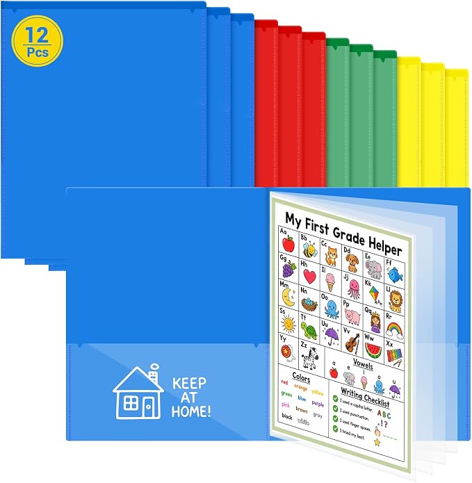 12 Pcs Take Home Folders for Elementary Students,Back to School 2 Pocket Folders with Clear Front Pocket 4 Inner Pockets,Plastic Parent Teacher Communication Folder 11.81 x 9.45 Inch (Mixed Color)