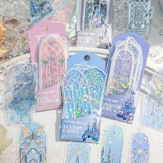 40Pcs Holographic Silver Foil Bookmarks, 4 Packs Fairytale Castle Window Glittery Transparent PVC Bookmark, Shimmery Small Book Mark for Book Lover Reader Writer Teacher Students