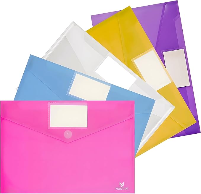 5 Pack Plastic Envelopes, Folders for Documents, Poly Envelopes A4/US Letter Size, Plastic File Folders with Label Pocket, File Envelopes for School, Office & Home, 5 Assorted Colors