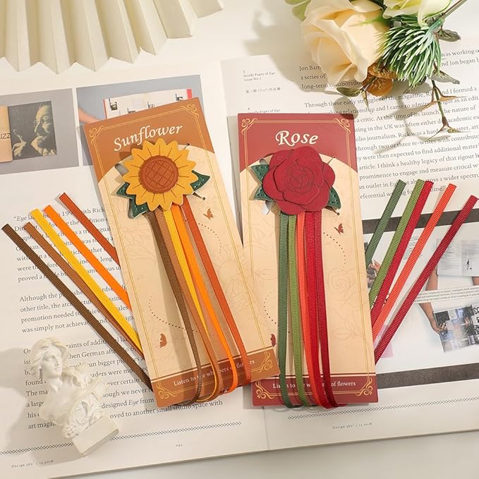icceemee 2pcs Leather Bookmark with Sunflower Rose, Aesthetic Vintage Book Accessories, Handmade Tassel Bookmark for Women Men Gift