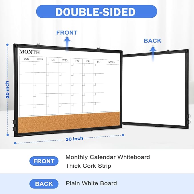 Monthly Calendar Whiteboard Dry Erase Cork Board Combo for Wall, 30" x 20" Double-Sided Calendar White Board and Bulletin Board with Black Aluminium Frame, Planning Board for Office, Home, School