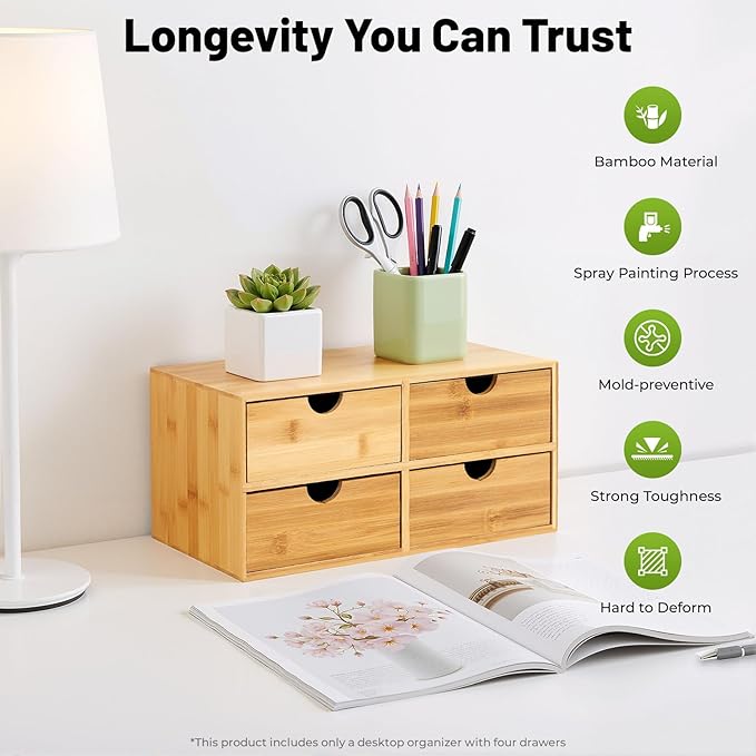 Desk Organizer, Office Vanity Bamboo Desk Organizer, Mini Bamboo Desk Drawer Tabletop Storage Box with 4 Drawer Night Stand Table Organizer for Makeup Vanity Office Supplies (4 Drawer)