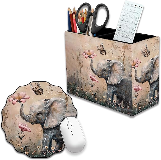 Pen Holder and Anti-Slip Mouse Pad Combination, Makeup Brush Storage Box, Tableware Storage Box, Suitable for Office and Home - Cute Little Elephant Flower