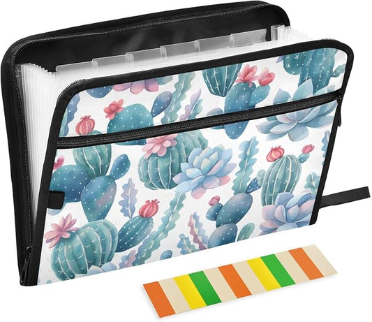 ALAZA Vintage Cacti Cactus Expanding File Folder, 13 Pockets Expandable Document Organizer Folder with Zipper Closure for Home Office A4 Letter Size Paper Document