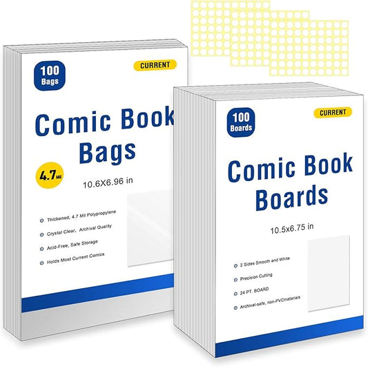 100ct Current Comic Book Bags and Boards-Reusable Boards,Bags 4.7 Mil Acid-Free Crystal Clear，100 Comic Book Sleeves and 100 Thick Comic Book Boards，Archival Quality，Applicable to Most Comic Books