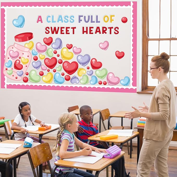 88Pcs Valentine‘s Day Bulletin Board Set Pink Heart Bottle Classroom Decorations Conversation Heart Paper Cutouts for Romantic Classroom Home Window Door Wall Decorations Party Supplies