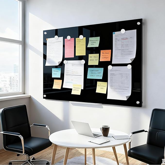 Black Dry Erase Board, 24" x 18" Magnetic Large Black Glass Board Frameless Wall Mounted Glass Whiteboard for Office, School & Home with 1 Acrylic Marker Tray & 3 Strong Magnets