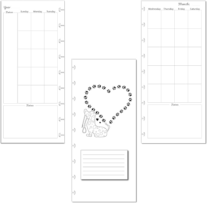 Undated Monthly Calendar Refills for Letter, Junior, Classic, Skinny, Mini size Discbound Planners Fİtts Happy Planners Levenger Circa TUL Staples Arc Notebook Office (9-Disc, 4.1"x9.25", Dog)