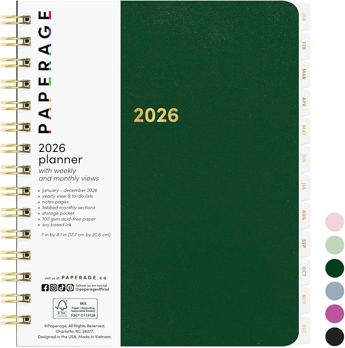 PAPERAGE 2026 Weekly & Monthly Planner, 12 Months (January 2026 - December 2026), 6.6 in x 8.1 in, Spiral Bound 2026 Planner with Weekly, Monthly & Yearly Views, Note Pages & Inner Pocket – Dark Green
