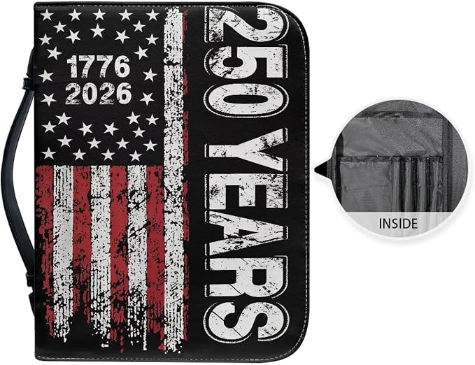 Bible Cover with Handle, 250 Year USA Flag Waterproof Carrying Book Case Church Book Bag with Zippered Pocket, Bible Study Accessories Patriotism Gifts for Women