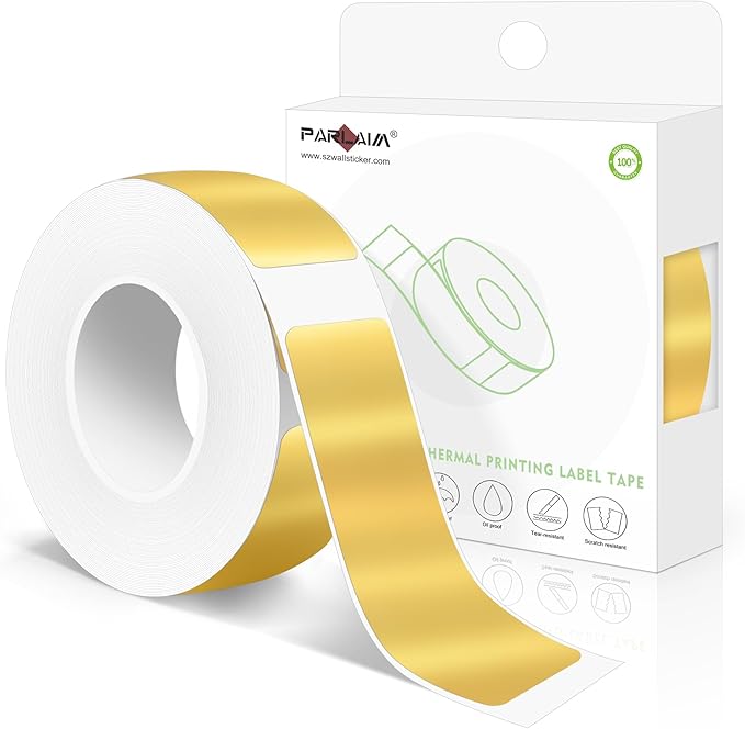 PARLAIM Label Maker Tape, 14x50mm (1/2" x 1 7/8") Self-Adhesive Thermal Label Stickers, 130pcs/Roll Gold