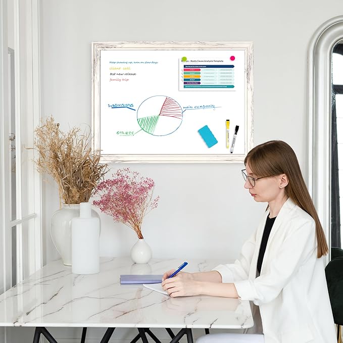 DOLLAR BOSS Magnetic Whiteboard for Wall 36" x 24" Vintage Wood Framed White Board Decorative Dry Erase Board for Home Office Shop Decor Display with 4 Markers, 8 Magnets, 1 Eraser, Vintage White
