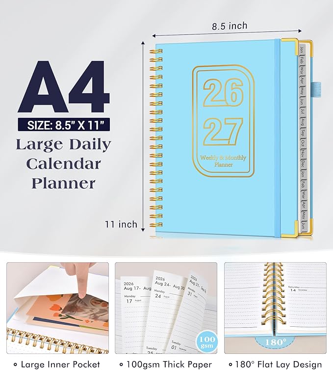 Planner 2026-2027, 18 Months Weekly and Monthly Hardcover Planner, January 2026 - June 2027, 8.5" x 11" A4 Large Daily Calendar Planner Book with Tabs, Spiral Yearly Agenda Organizer Notebook for School Work Home, Sky Blue