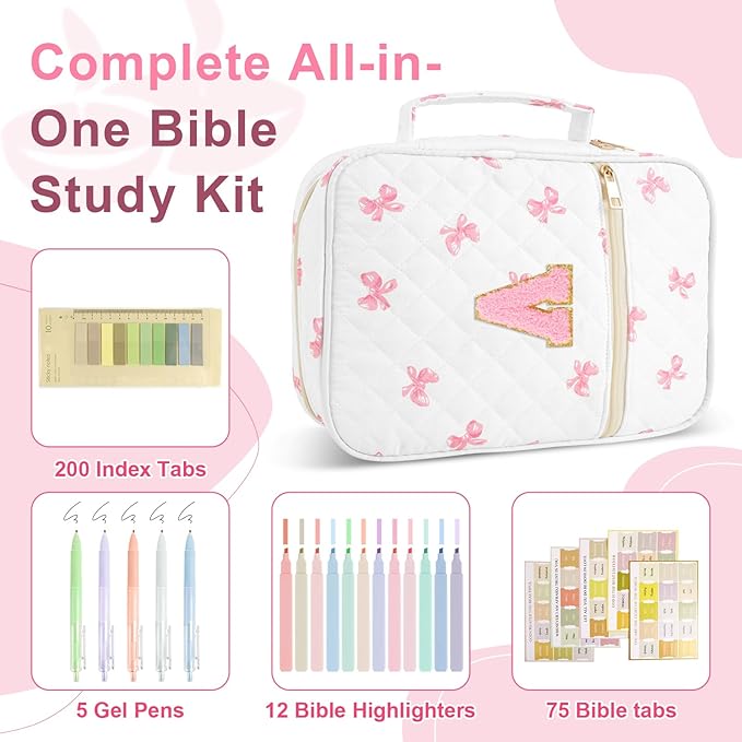 Personalized Initial Bible Cover Case for Women Girls Kid - Large Quilted Bible Case with Handle, Stylish Chenille Letter Bag Study Supplies, Perfect Christmas Gifts for Christians Women (Pink Bow-V)