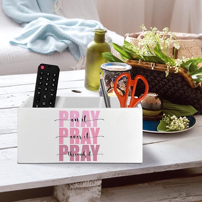 Pink Christian Bible Pen Pencil Holder Organizer for Desk Accessories, Pray on Over Through It Wooden Box Sign Desk Decor for Home Office Decoration, Christian Gifts for Women Men