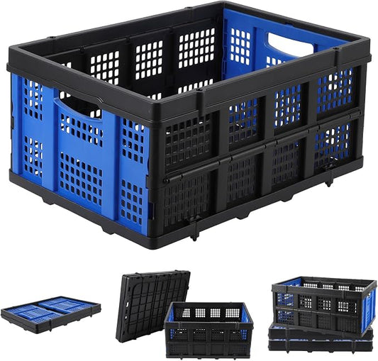 Heavy Duty Collapsible Storage Crate 55L – Stackable Collapsible Plastic Organizer Bin with Side Handles for Food, Books, Tools, Garage, Home Organization – Space-Saving Basket, Blue
