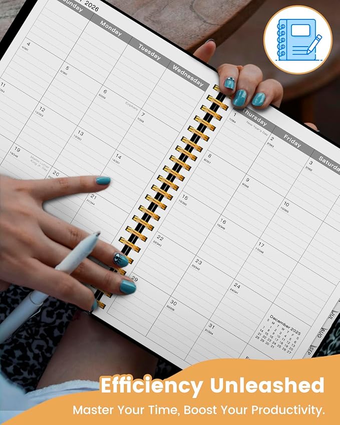 2026 Planner Weekly and Monthly, HZZHE 8.8"x11.5" Large Spiral Yearly Notebook with Jan.2026-Dec.2026 Calendar, Water Resistant Cover, Monthly Tabs, Daily Organizer for School Office Supplies - Black A4 100GSM 140P