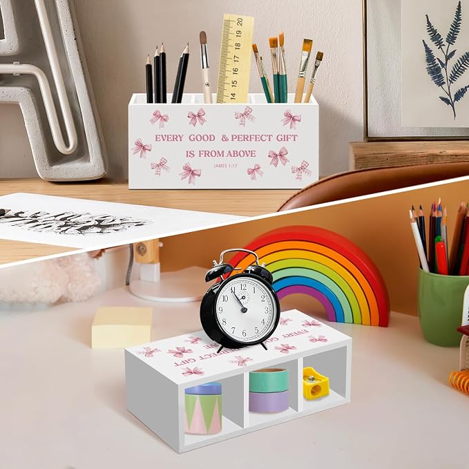 Pink Bow Christian Pen Pencil Holder for Desk,Coquette Bible James 1:17 Office Desk Accessories, Pink Christian Gifts Pen Holders Organizer for women Home Girls Room Dorm, girly office decor
