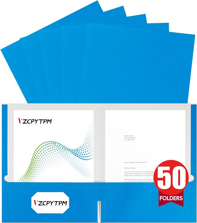 VZCPYTPM 50 Pack Blue Folders with Pockets,2 Pocket File Folders for Letter Size (8.5 x 11 Inch),Professional Design with Business Card Slot for Office and School Organization