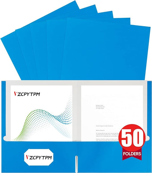 VZCPYTPM 50 Pack Blue Folders with Pockets,2 Pocket File Folders for Letter Size (8.5 x 11 Inch),Professional Design with Business Card Slot for Office and School Organization