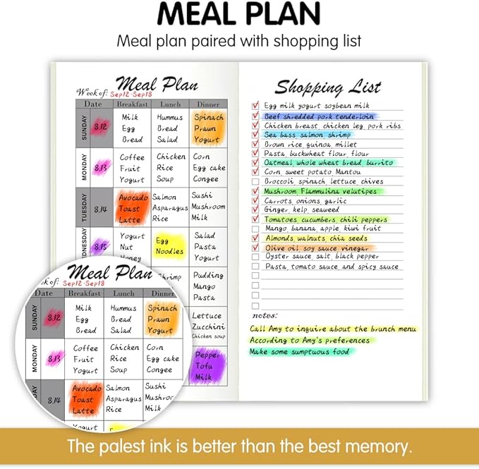 Pocket Planner Notebook with Plastic Sleeve, Meal Planner Refills with Shopping List, 30Sheets, 8.25"x4.25" Regular TN Journal Inserts for Food, Travelers Notebook Insert for Healthy Eating. Blue Cat