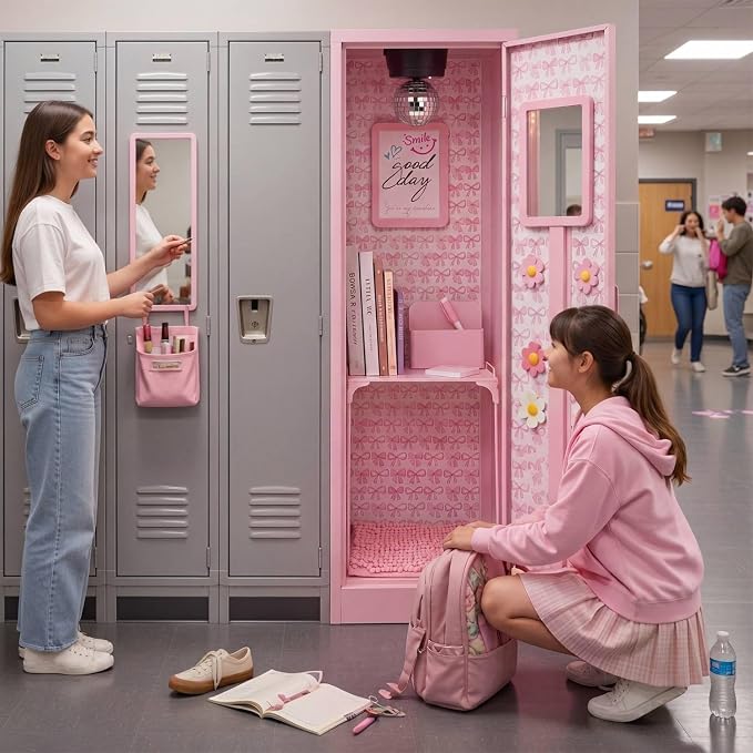 Pinkunn 17 Pcs Disco Ball Locker Accessories Include Locker Organizer Shelf Disco Ball Rug Magnetic Mirror Whiteboard Pen Holder Flower Magnets Marker for Back to School Essentials (Pink,Preppy)