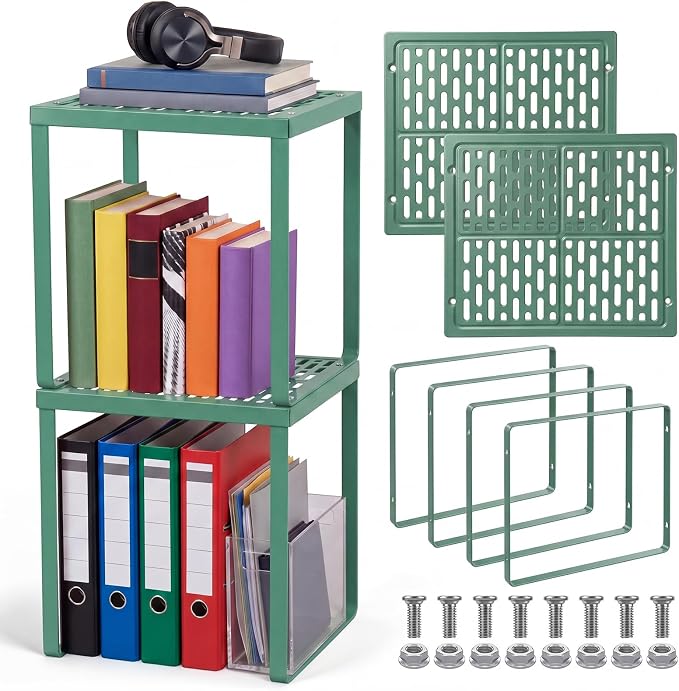 Colarr 2 Pcs Locker Organizer Shelf Stackable 2-Tier Shelves Fits Standard Size School Lockers Heavy Duty Metal Locker Shelf for School Office Gym Lockers Home Storage 11x 10 x 12 Inch(Grayish Green)