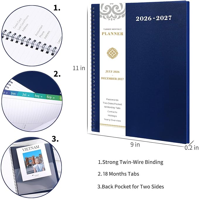 2026-2027 Monthly Planner - JUL 2026 - DEC 2027, 2026-2027 Planner, 18 Monthly Planner with Tabs & Pocket & Label, Contacts and Passwords, 9" x 11", Thick Paper, Navy