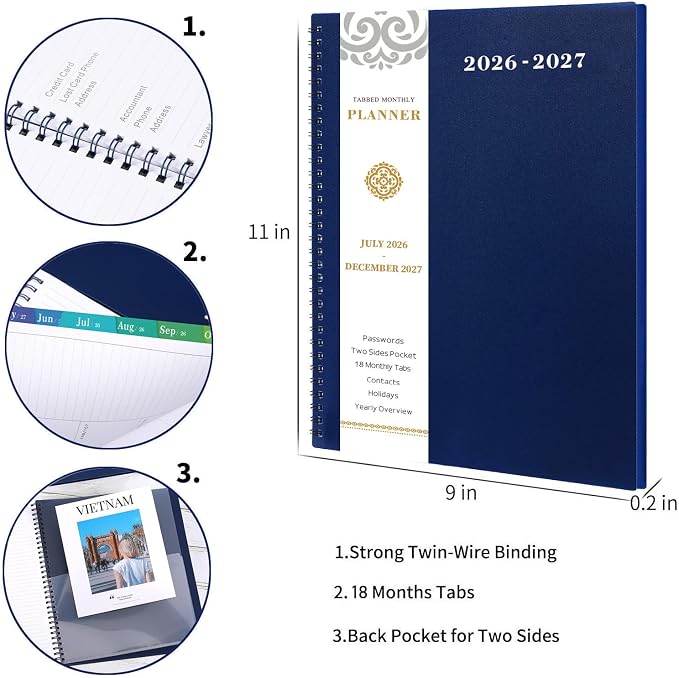 2026-2027 Monthly Planner - Planner/Calendar 2026-2027, JUL 2026 - DEC 2027, 9" x 11", 18 Monthly Planners with Tabs, Pocket, Label, Contacts and Passwords, Twin-Wire Binding- Navy Blue