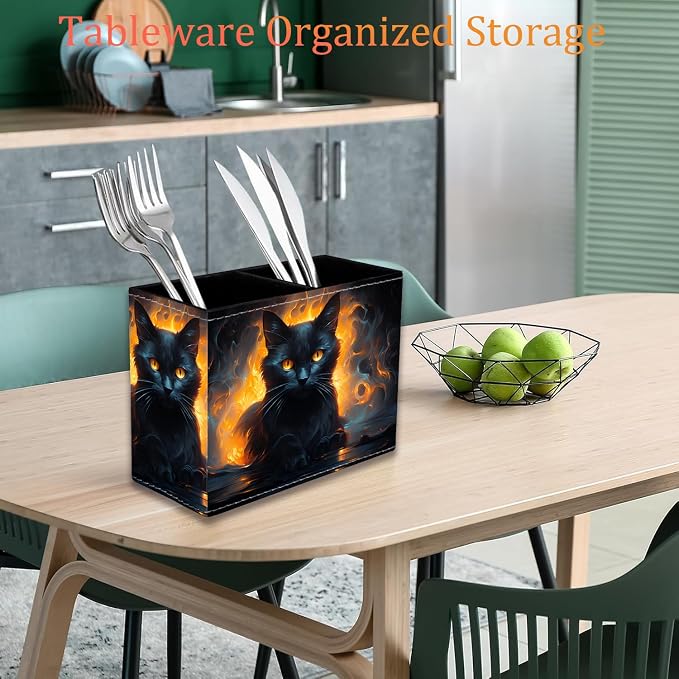 Pen Holder for Desk, PU Leather Multifunctional Desktop Storage Box and Anti-Slip Mouse Pad Set, Makeup Brush Holder Pen Organizer for Office and Home - Luminous Black Cat