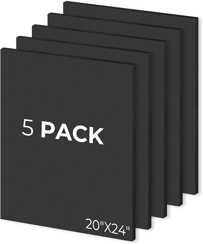 Mat Board Center Pack of 5, 20X24 Foam Boards Acid Free Black Foam Core Boards for Mounting, Crafts, Display, Presentation and Projects, 3/16" Thick