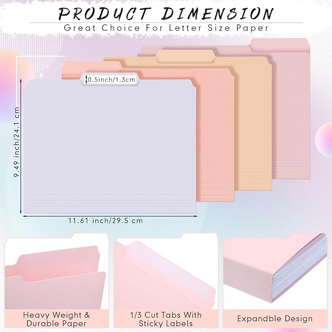 24 Pcs File Folders 9.5x11.6 Inch Manilla Folders Letter Size with 1/3 Cut Tabs 12 Colored Office Home School Organizers for Documents, Classroom Supplies and Paper Storage (Sweet Color)