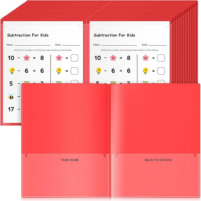 Henoyso 48 Pcs Take Home Folder Heavy Duty 2 Clear Front Pockets and 2 Inside Pockets Homework Folders for School Students Parent Teacher Classroom Communication (Red)