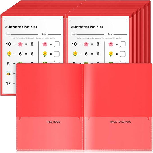 Henoyso 48 Pcs Take Home Folder Heavy Duty 2 Clear Front Pockets and 2 Inside Pockets Homework Folders for School Students Parent Teacher Classroom Communication (Red)