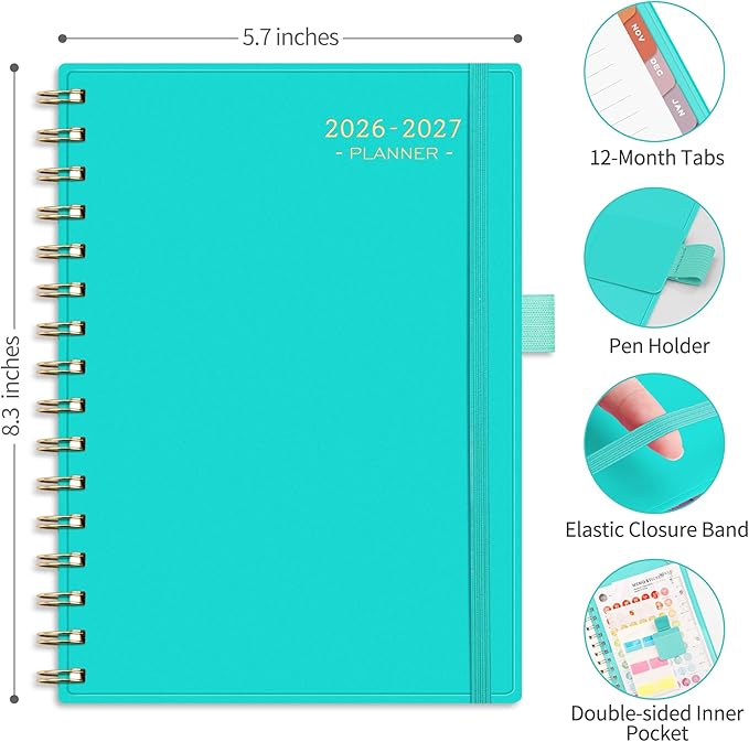 RETTACY Academic Planner 2026-2027, Weekly and Monthly, July 2026 - June 2027, Medium Size (5.7" x 8.3"), Calendar, Agenda, 12-Month Tabs, for Student, Teacher, School (Tiffani Blue)