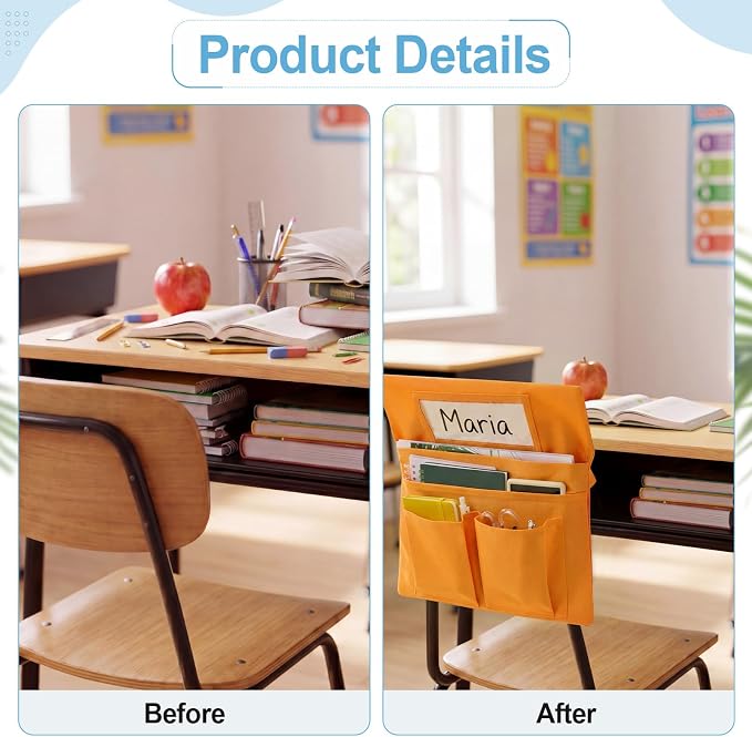 Remagr 24 Pcs Chair Pockets for Classroom Chairs, 14" x 13" Chairs Sacks with Name Tags for Chairback, Multi Pockets Storage Bags Chair Organizer for Kindergarten Elementary School(Neutral Tones)