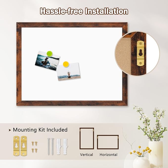 DOLLAR BOSS Magnetic Whiteboard for Wall 24" x 18" Vintage Wood Framed White Board Decorative Dry Erase Board for Home Office Shop Decor Display with 4 Markers, 8 Magnets, 1 Eraser, Rustic Brown