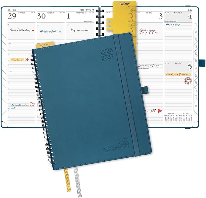 POPRUN Planner 2026-2027 (Large - 8.5'' x 10.5'') Academic Weekly Calendar (July 2026 - June 2027) with Hourly Time Slots, Monthly Tabs, 100GSM Thick Papers, Spiral Leather Cover - Night Sky Blue
