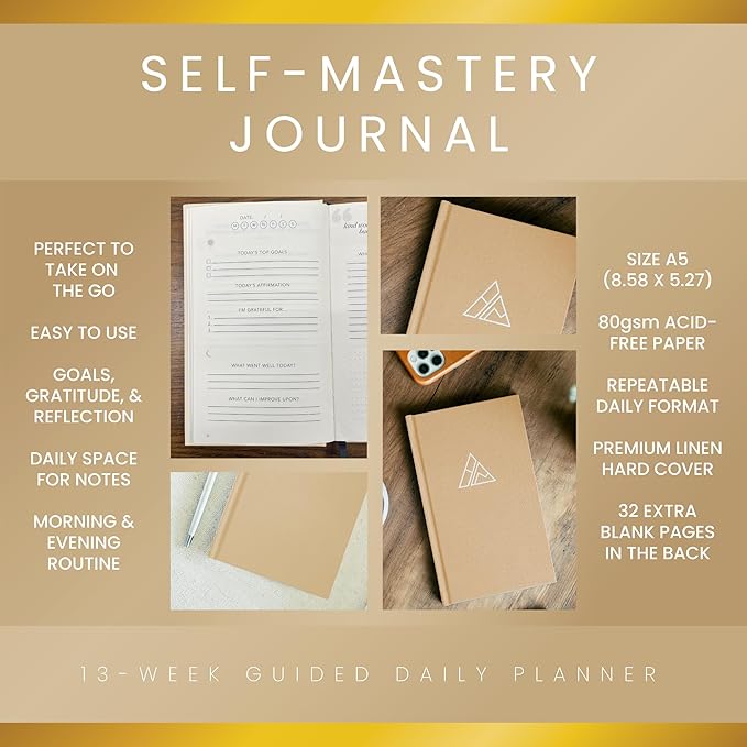 Realizations Self-Mastery Journal for Men - Gratitude Journal – 5 Minute Journals - Reflection Manifestation Journal for Mindfulness – Goal/Guided Gratitude Journel for Women & Men (Khaki)