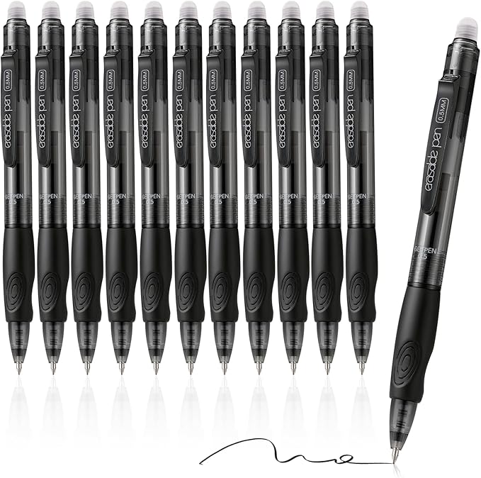 EUSOAR Erasable Pens Black, 12 Pack Eraser Pen Fine Point (0.5mm) Smooth Writing, Retractable Gel Ink Pens Make Mistakes Disappear for Note Taking Planner Sketching Crossword Puzzles